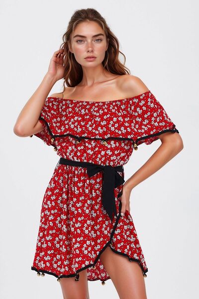 bacc Women's Red Madonna Collar Patterned Flounce Woven Dress Bcvl- 251000 Elb