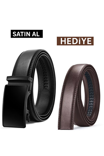 Bosskan Otomatik Tokalı Deliksiz Siyah Kemer Yedek Kahverengi Kemer Hediye