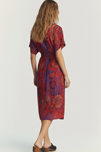 HAKKE Kruvaze Yaka Etnik Desen Belden Lastikli Viskon ELBİSE