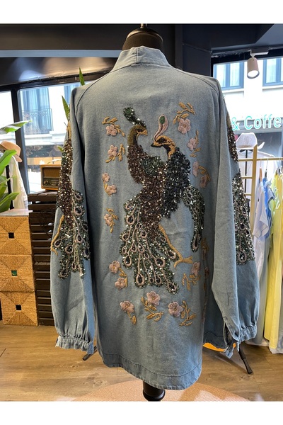 Dadali Kadın Kuşlu Taş İşlemeli Pamuk Nakışlı Kot Kimono