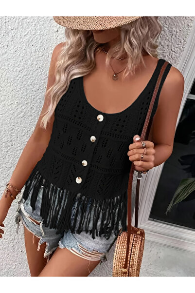 JANES بلوزة نسائية تريكو بياقة مستديرة وأزرار أمامية وشراشيب، رمز المنتج 6314...