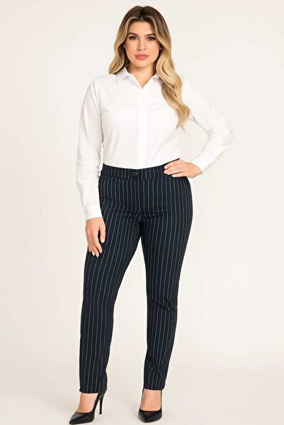 Şans Women's Large Size Navy Blue Striped Side and Back Fleto Pocket Classic Trousers 65n33083