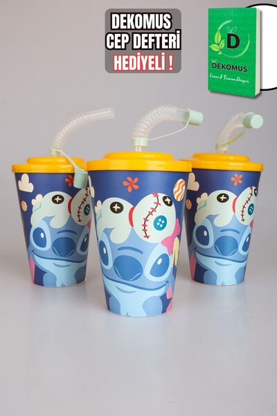 Stitch "DEKOMUS CEP DEFTERİ HEDİYELİ" LİSANSLI PİPETLİ BARDAK