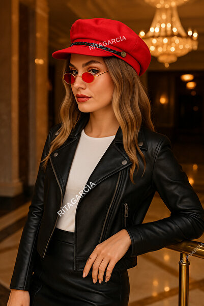 Ritagarcia Kadın Kırmızı Zincirli Kaşe Ressam Şapka