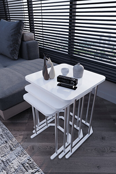 home plus mobilya 3' Lü Kare Zigon Sehpa Gümüş Ayak Beyaz 18 mm Mdf