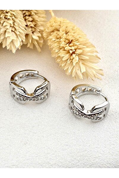 Siya Silver Zirkon Taş Detaylı X Model Minimal Çelik Halka Küpe - 1,5 cm
