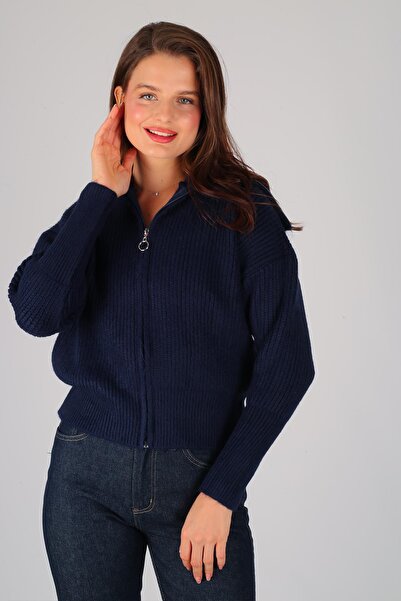 FACETTE Жіночий темно-синій кардиган з товстою блискавкою