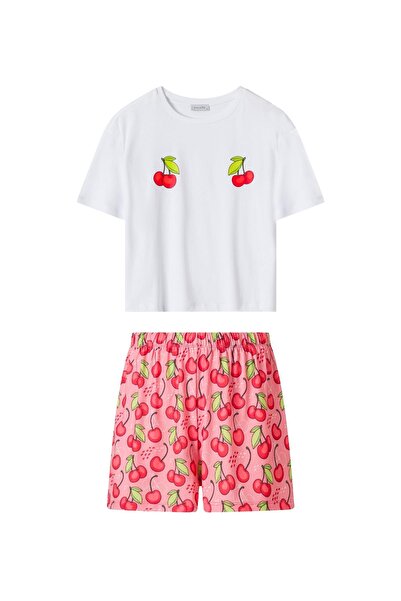 FACETTE Women's White Cherry Pattern T-Shirt Shorts Pajama Set