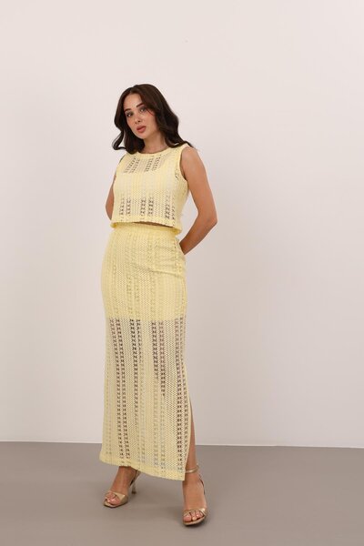 FACETTE Women's Yellow Knitted Sweater Skirt Blouse Set