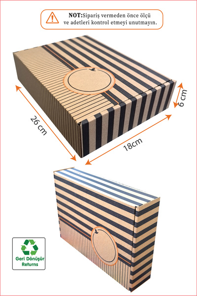 PackMai 26x18x6cm Karton Kutu 100ADET Desenli-Kilitli | E-Ticaret-Kargo-Hediye Kutusu Kraft Çizgi Desenli