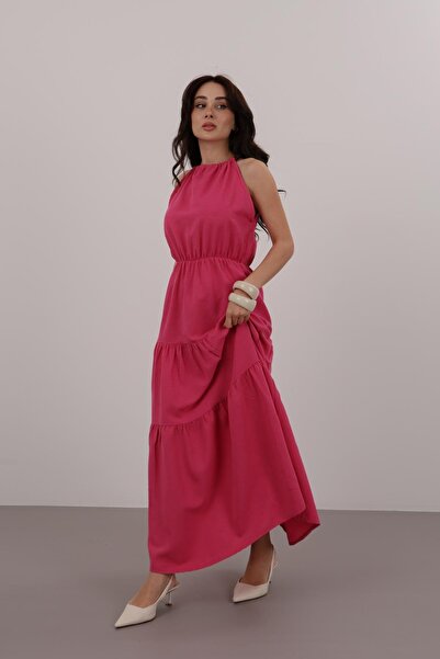 FACETTE Women's2022499588 Fuchsia Beaded Strappy Flounce Dress