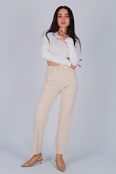 FACETTE Women's Beige Cut-Out Jeans