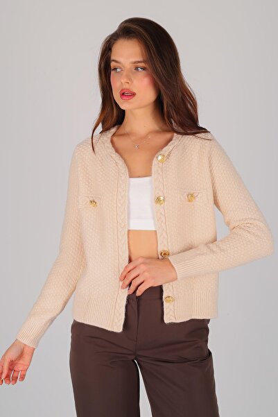 FACETTE Γυναικεία Μπεζ Ζακέτα με λεπτομέρεια με κουμπιά