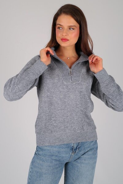 FACETTE Жіночий сірий светр з довгими рукавами та напівзастібкою