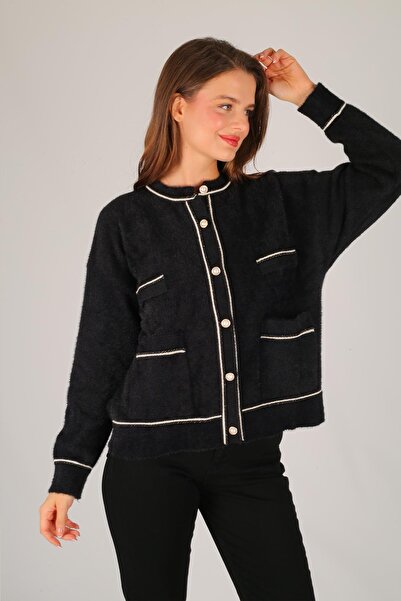 FACETTE Women's Black Button Detail Soft Cardigan