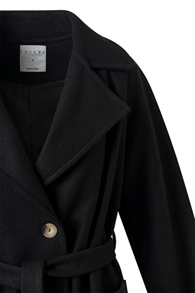 FACETTE Kadın Siyah Kol Apoletli Kuşaklı Kaşe Kaban