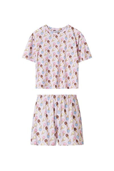 FACETTE Women's Pink Ice Cream Pattern T-Shirt Shorts Pajama Set
