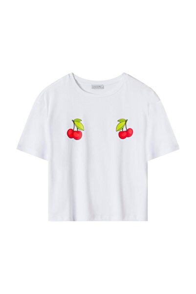 FACETTE Women's White Cherry Pattern T-Shirt Shorts Pajama Set