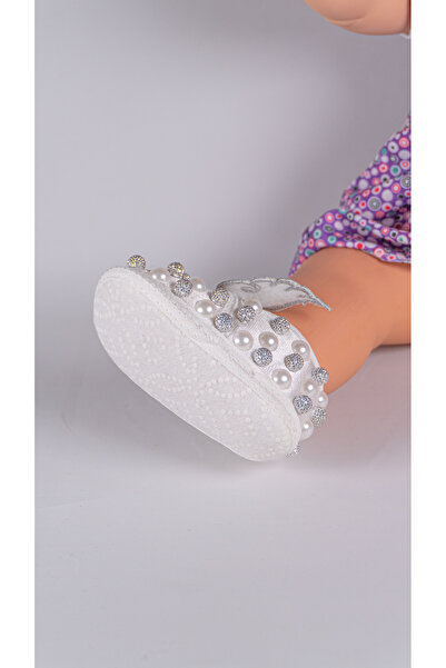 Éloi Yenidoğan Kız Bebek Kanat Detaylı Gümüş Taşlı ve İncili Saten Patik Ayakkabı/ Mevlüt Ayakkabısı