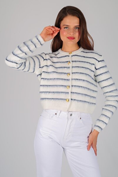 FACETTE Cardigan alb cu dungi ridicate pentru femei