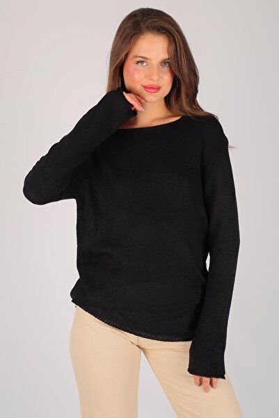 FACETTE Women's Black Crew Neck Long Sleeve Thin Sweater