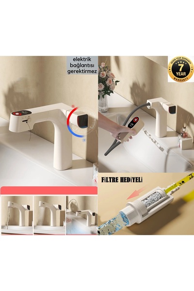 OEM AKILLI DİJİTAL SICAKLIK LED EKRAN BANYO LAVABO BATARYASI KREM RENK 4 FONK...