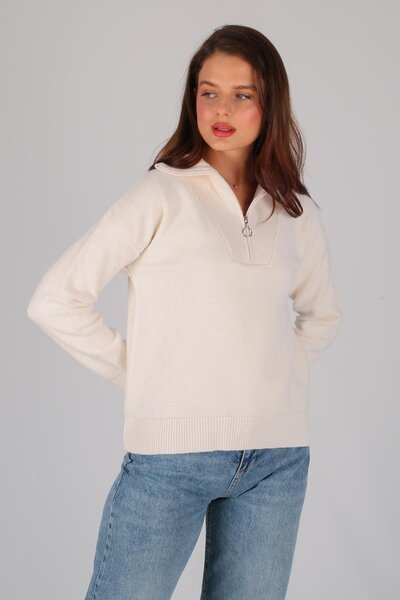 FACETTE Kadın Ekru Yarım Fermuar Uzun Kol Kazak