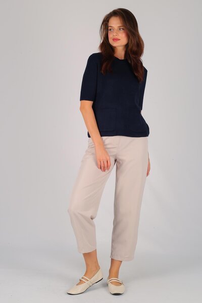 FACETTE Pulover de damă bleumarin cu mânecă scurtă cu buzunar