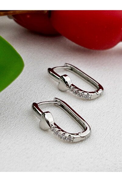 Siya Silver Zircon Stone Heart Detailed Rectangular Steel Earrings