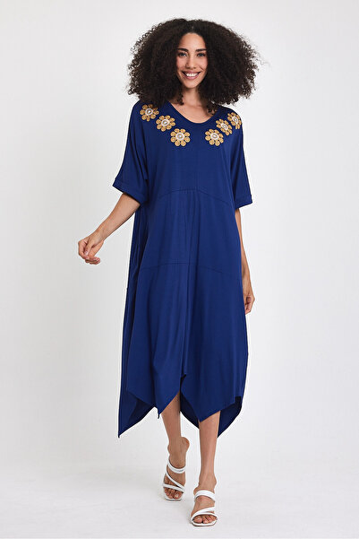 bacc Γυναικείο φόρεμα μάξι με κέντημα με πλεκτό βισκόζη σε μπλε ναυτικό χρώμα Bcvl-251064