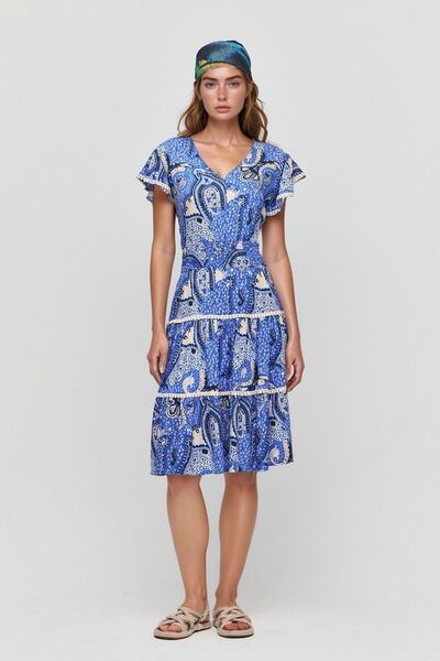 bacc فستان فيسكون صيفي مضلع بياقة على شكل حرف V أزرق للنساء Bcvl-25v054