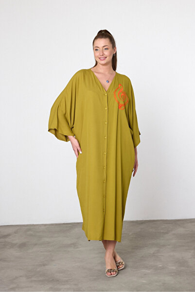 bacc Women's Maxi Length Oil Green Embroidered Woven Viscon Dress Bcvl-25V050