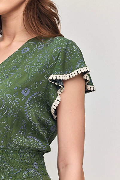 bacc Γυναικείο καλοκαιρινό φόρεμα Viscon - Χακί V λαιμόκοψη με ραβδώσεις με λουλουδάτο σχέδιο Bcvl-25v054