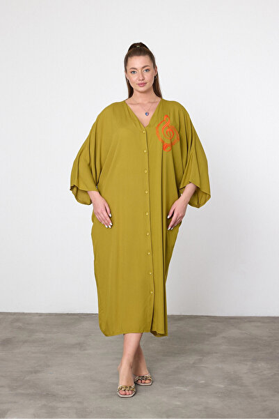 bacc Women's Maxi Length Oil Green Embroidered Woven Viscon Dress Bcvl-25V050