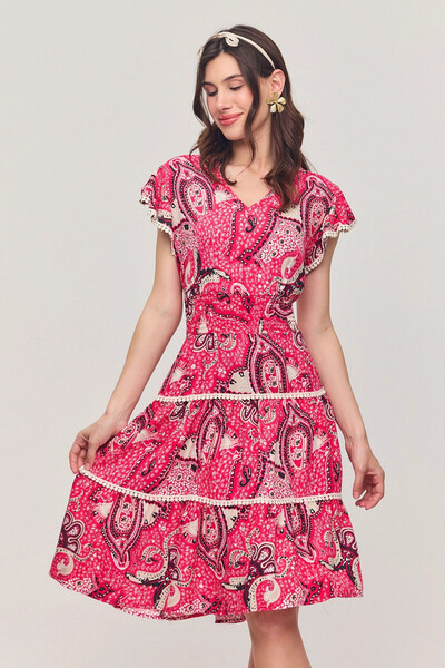 bacc Pink V-Neck Ribbed Flower Pattern Summer Viscon Women Dress Bcvl-25V054