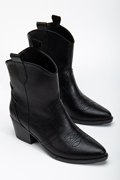 MS SUGAR SHOES Western Cowboy Γυναικείες κοντές μπότες από συνθετικό δέρμα μαύρο κεντημένο
