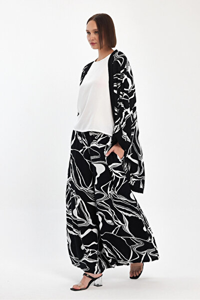 bacc Women's Maxi Length Black Printed Kimono and Pants Woven Viscon Top and Bottom Set Bcvl-251068