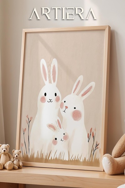 HİGUERA Mutlu Tavşan Ailesi Bohem Kız Bebek Çocuk Odası Dekorasyonu Ahşap Çer...