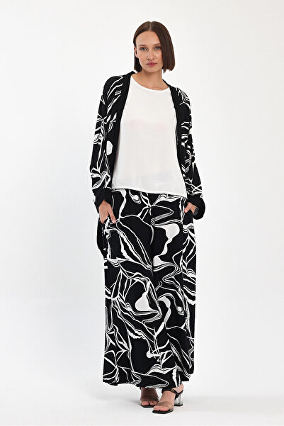 bacc Women's Maxi Length Black Printed Kimono and Pants Woven Viscon Top and Bottom Set Bcvl-251068