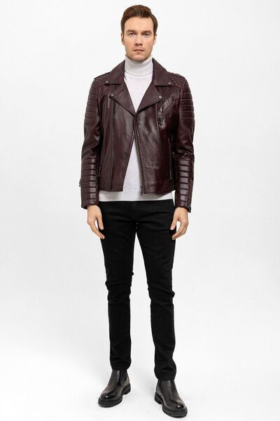 Deriderim Burgundy Biker Zippered Men's Genuine Leather Coat