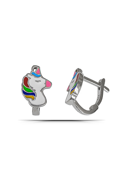 TEK TARZIM TAKI Unicorn Model Klipsli Gümüş Çocuk J Küpe (2 - 10 YAŞ) Rodyum Renk