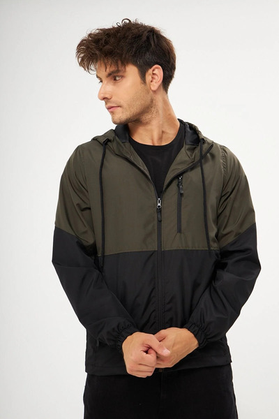 QAWWA Erkek Siyah -haki Iki Renkli Içi Kapitone Elyaflı Su Geçirmez Kapüşonlu Reflektörlü Mont