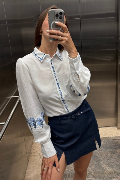 Noi Belis Λευκό κέντημα Λεπτομερές λινό υφαντό πουκάμισο SS25GO0011