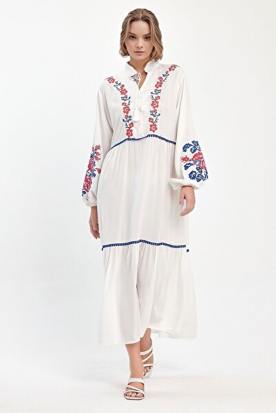 bacc Maxi Size White Embroidery Embroidered Woven Viscon Dress Bcvl-25967