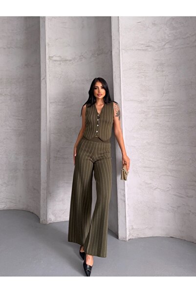 Lovely butik Women's Striped Four Button Vest Pants Knitwear Double Set