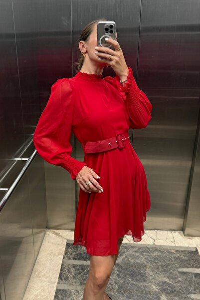 Noi Belis Red Belt Detailed Lined Mini Size Woven Dress Ss25El0053