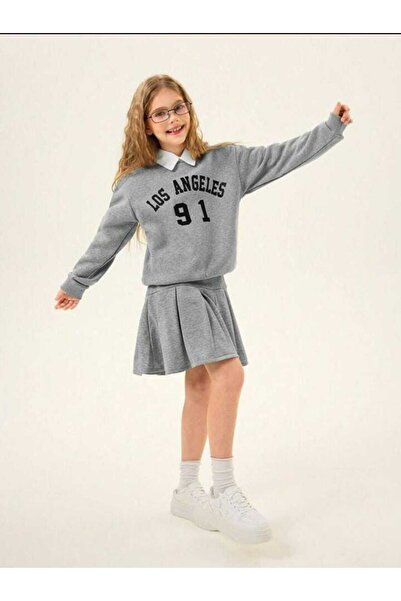 Yavrumsa Girl's Grey Skirt Set - Los Angeles Printed Sweat and Pleated Skirt