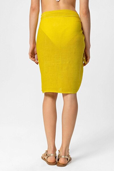 Deriderim Pareo din bumbac de vară din pânză cu detalii cu ciucuri galbene - Legat în talie