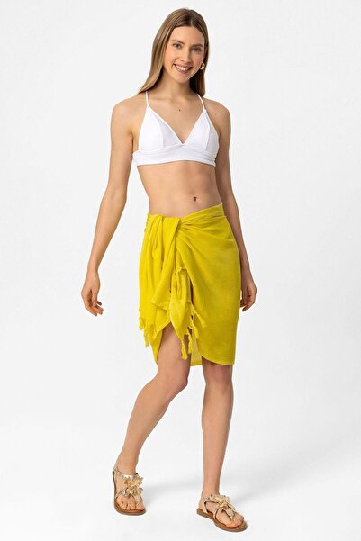 Deriderim Лятно памучно парео с връзки на талията и жълти пискюли