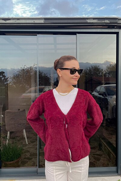 Le Savu Shilsee Women's Tie-Up Soft Burgundy Knitwear Cardigan